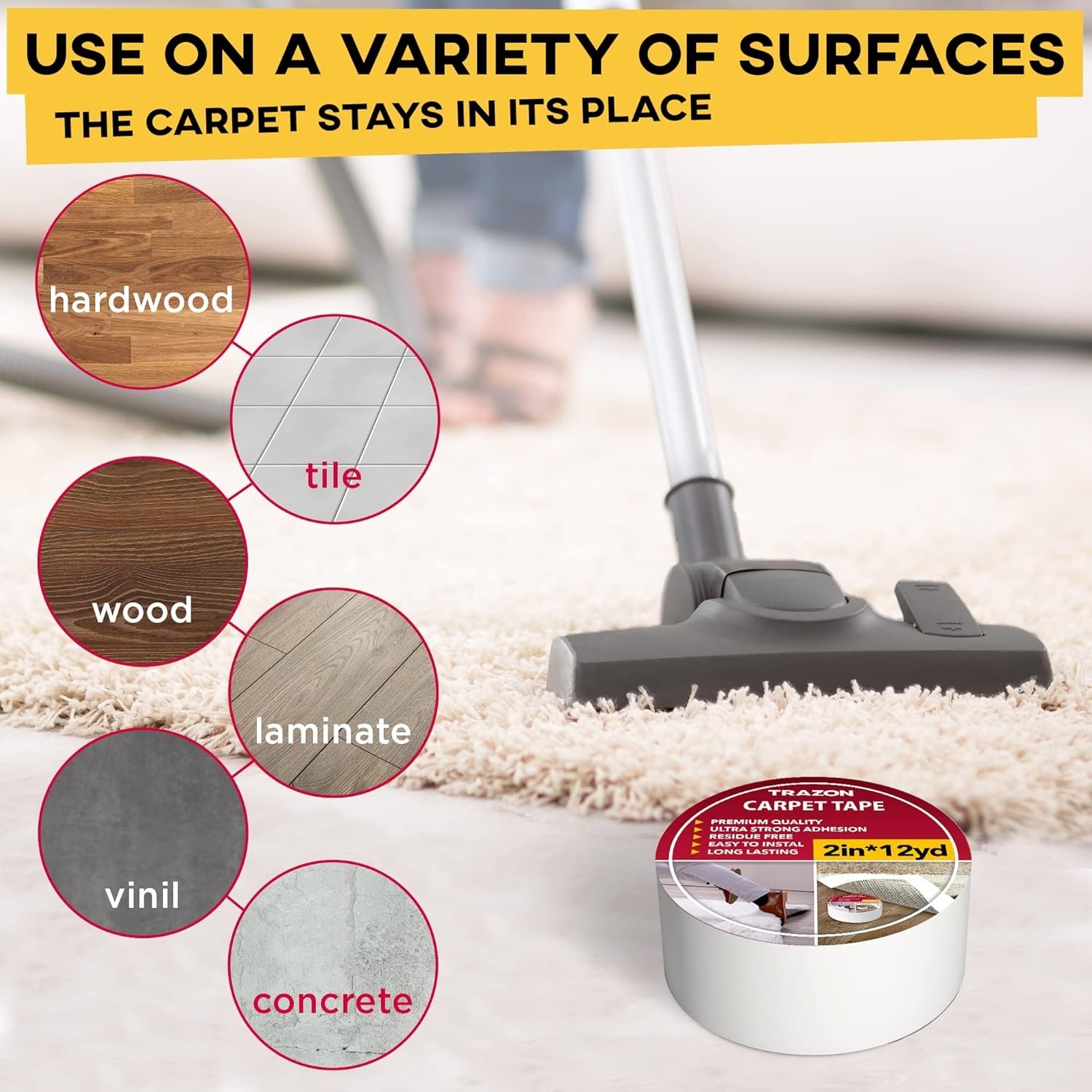 Carpet Tape Double Sided - Rug Tape Grippers for Hardwood Floors and Area Rugs