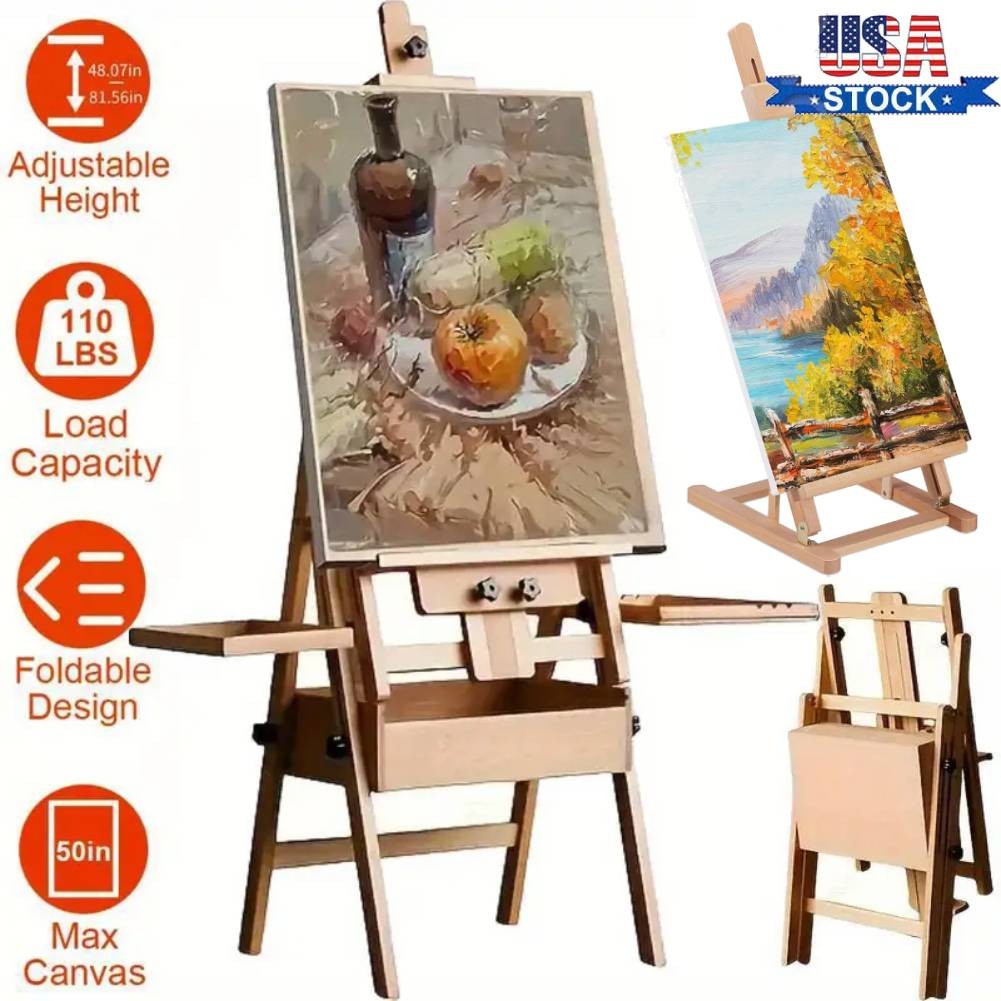 Large Wood H-Frame Easel with Storage Drawer and Palette, Foldable Art Painting
