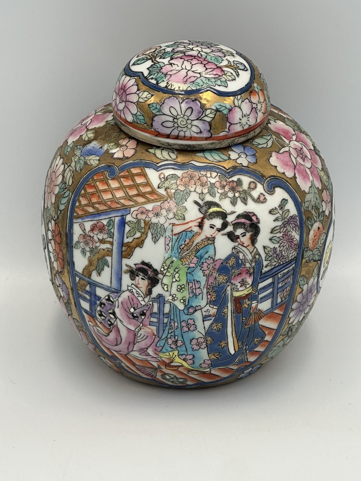 Vintage Chinese Ginger Jar w Lid Famille Rose Gold Satsuma Style Moriage 1960s