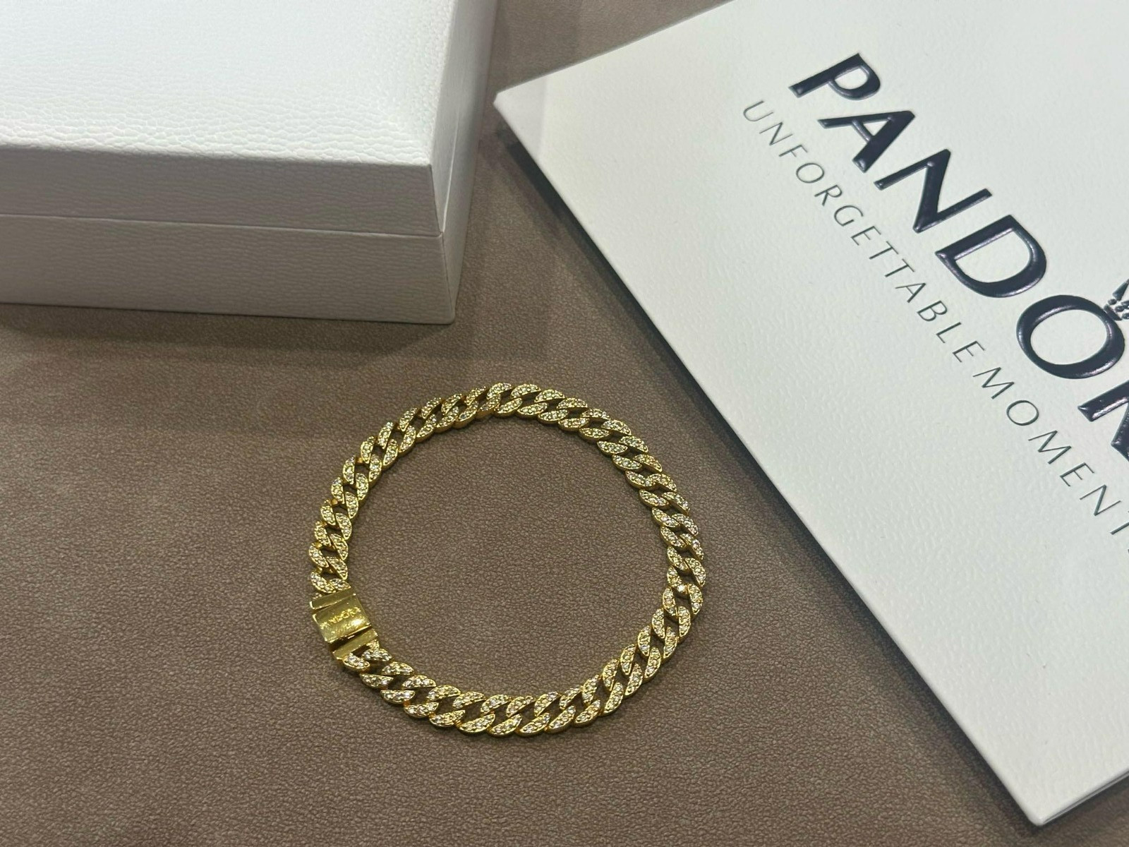 Pandora Timeless Pavé Cuban Chain Bracelet Gold Tone Unisex 7.9"