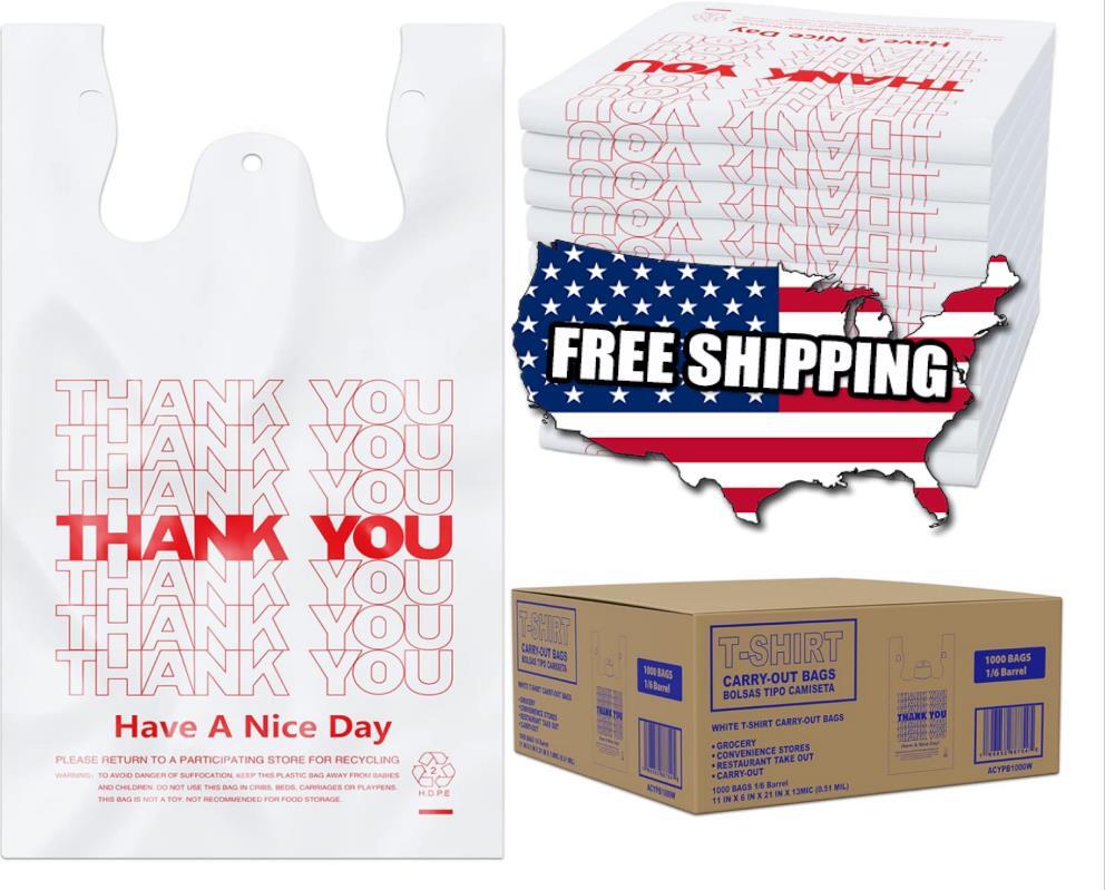 THANK YOU T-Shirt Bags 11.5" x 6.5" x 21" White Plastic Shopping bag 50 - 1000