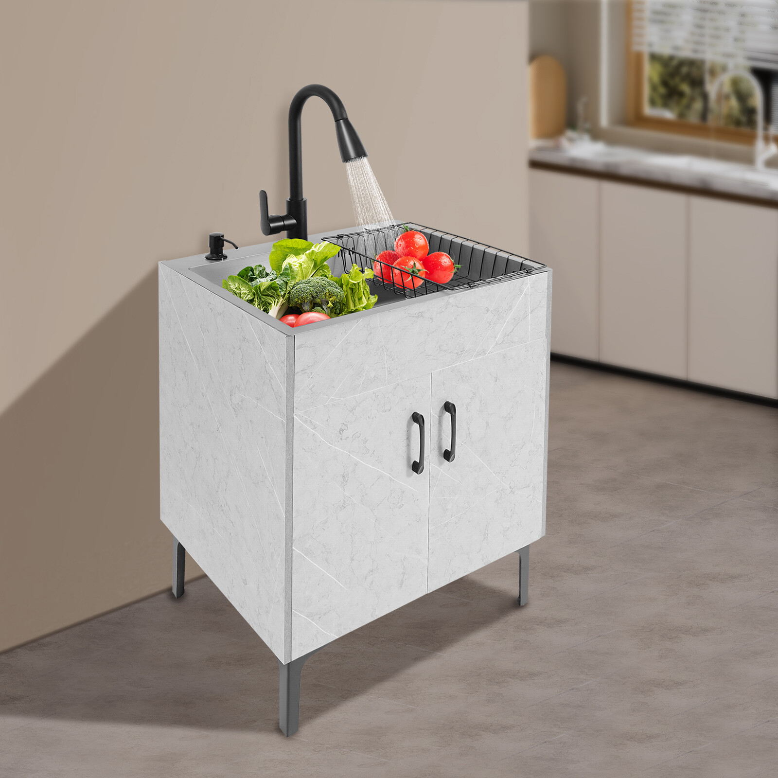 Gray Laundry Stainless Steel Sink with Cabinet + PDraining Basket+Faucet