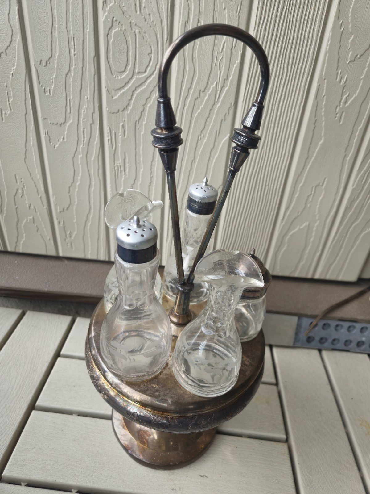 Antique Meriden Silverplate Condiment Cruet Set 5 Bottles Victorian