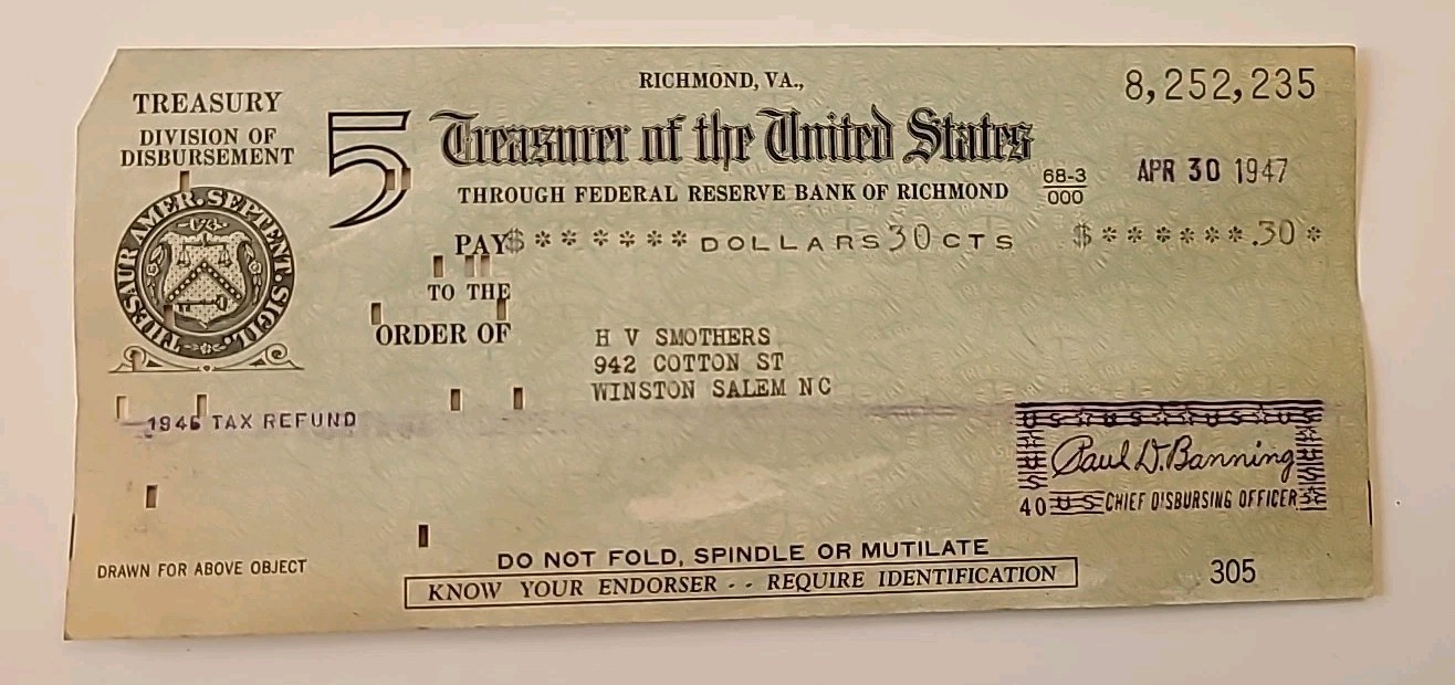 ~VINTAGE 1947 Richmond VA~ US TREASURY 30 CENT Tax Return Refund Check