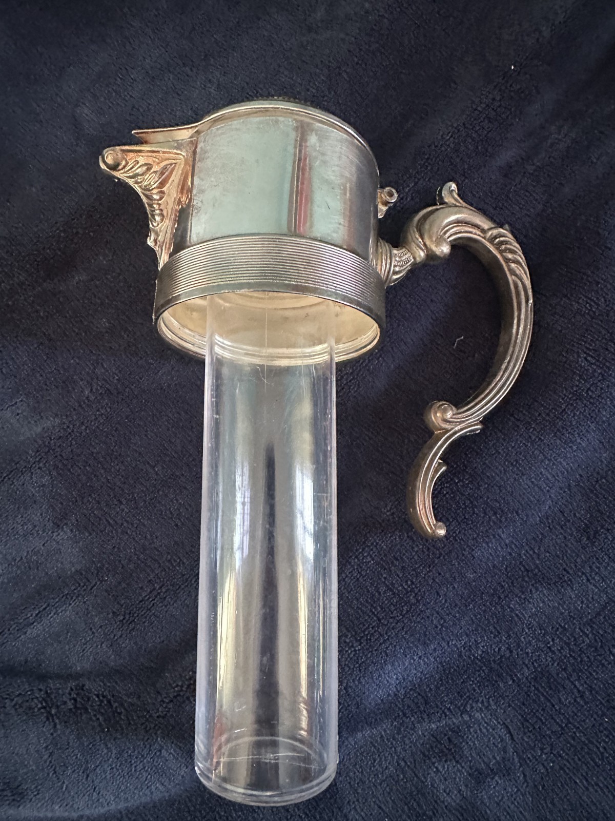 Vintage Crystal Decanter w/ Silverplate Spout & Handle Ice Core Insert