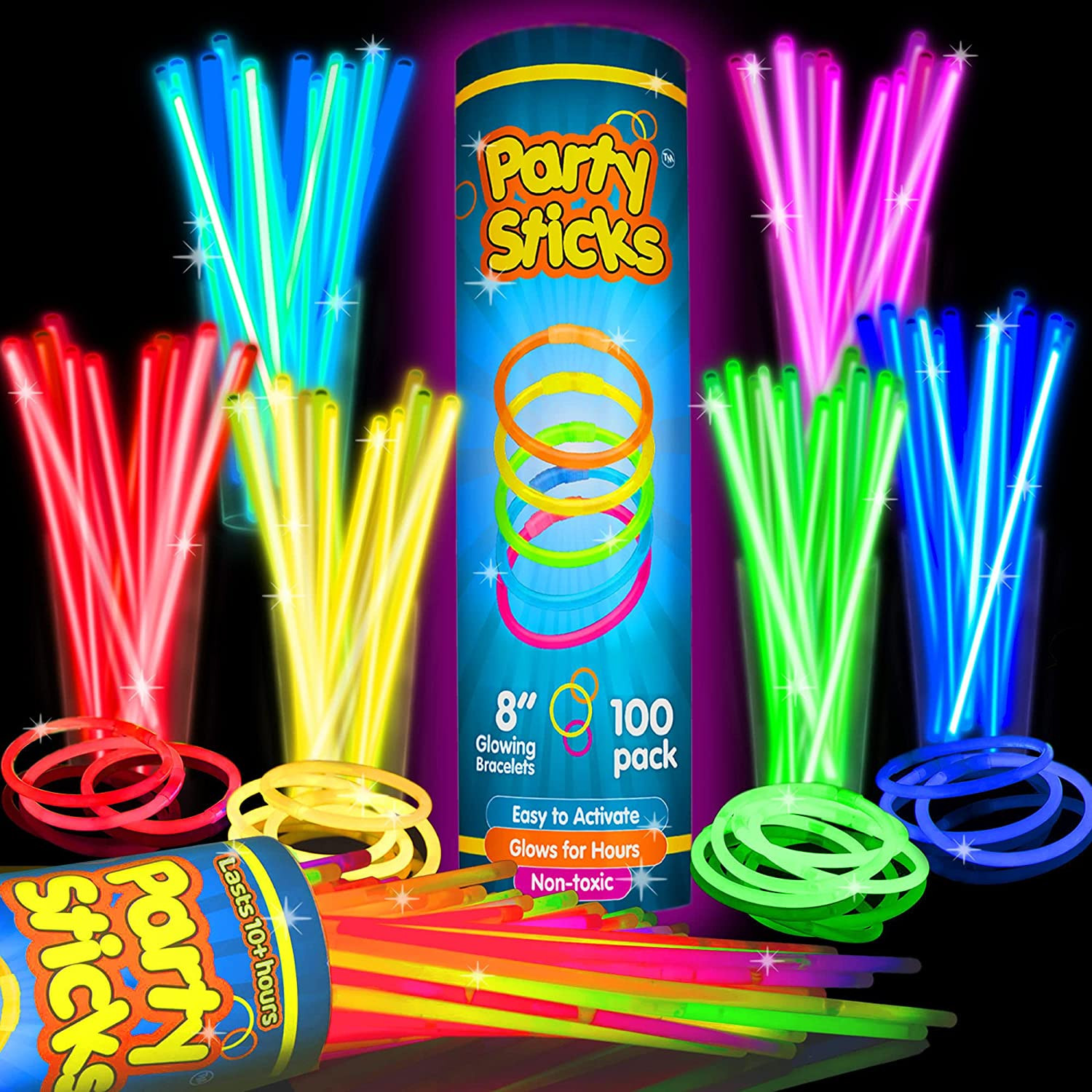 100Pk 8 Inch Glow Sticks with Connectors for Necklaces and Bracelets Set