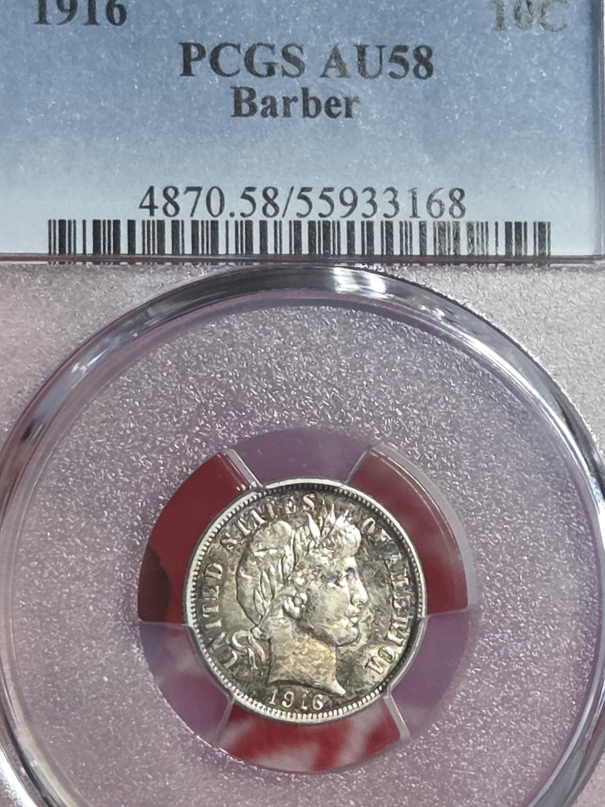 1916 10c Barber Dime PCGS AU58 Toned