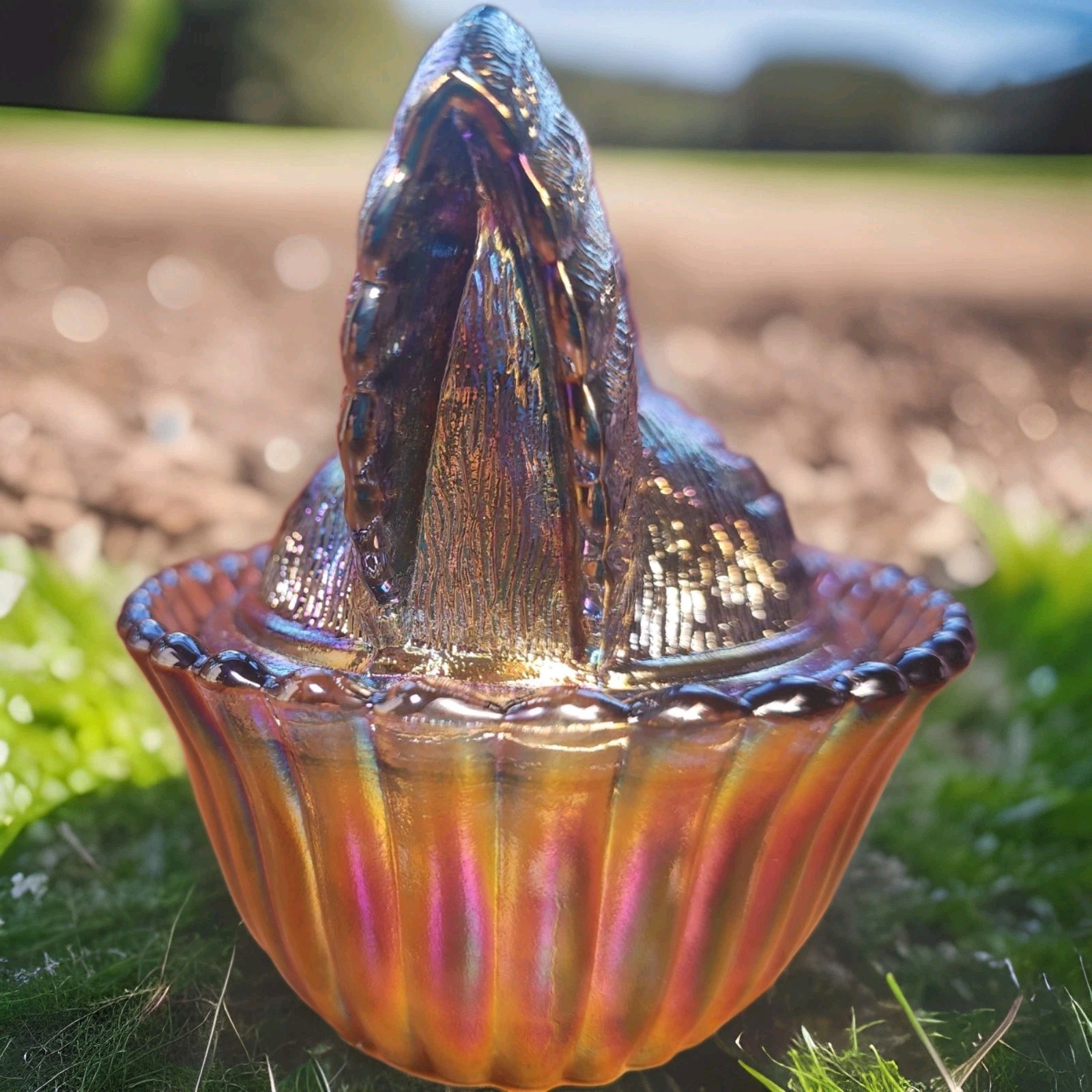 5" Rooster With Split Tail on a Ribbed Nest Titanium Carnival Westmoreland Mould