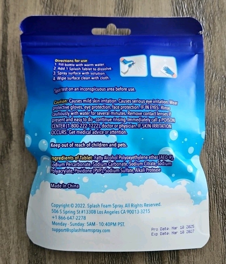 Splash Spray 1 pack of 5 Larger 9 Gram Multi-purpose Cleaning Tablets