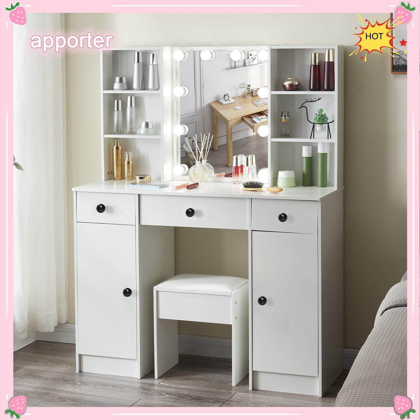 Large Dressing Table 5 Drawer Makeup Desk Dresser w/ LED Mirror and Stool