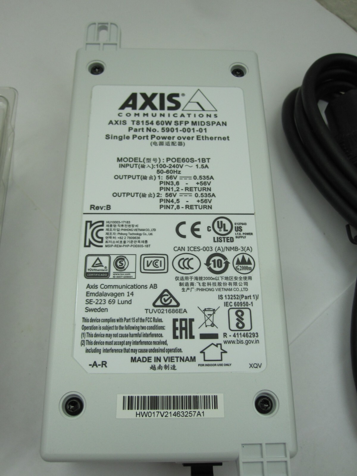 AXIS COMMUNICATION, 5901-001-01, T8154 60W SFP MIDSPAN, POE60S-1BT 56V, 39680