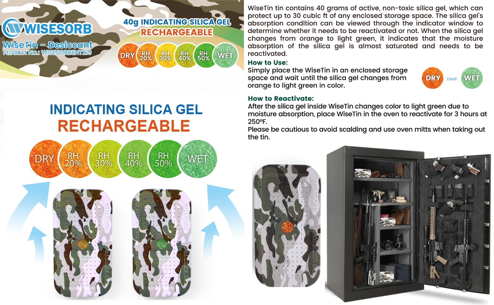 40 Gram Reusable Indicating Desiccant Gun Safe Dehumidifier Silica Gel Canister