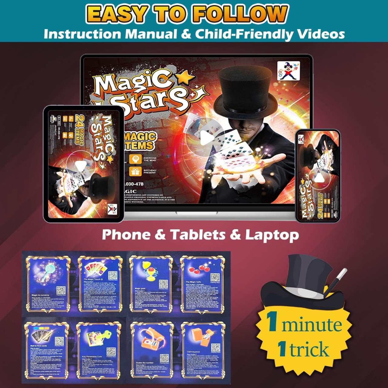 Magic Kit for Kids - 24 in 1 Magic Tricks Magician Starter Set with Video Instru