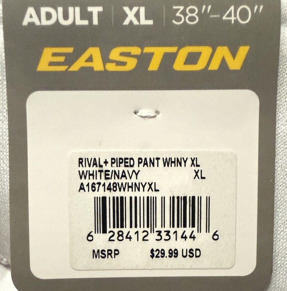Easton Rivals Plus Men’s White With Navy Piping Full Length Baseball Pant NWT