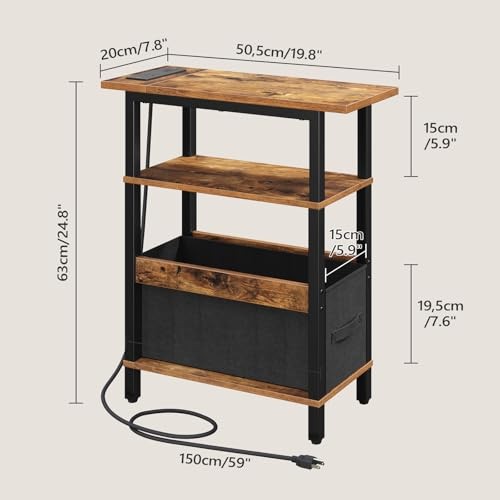 Narrow Side Table with Charging Station, Slim End Table with Rustic Brown