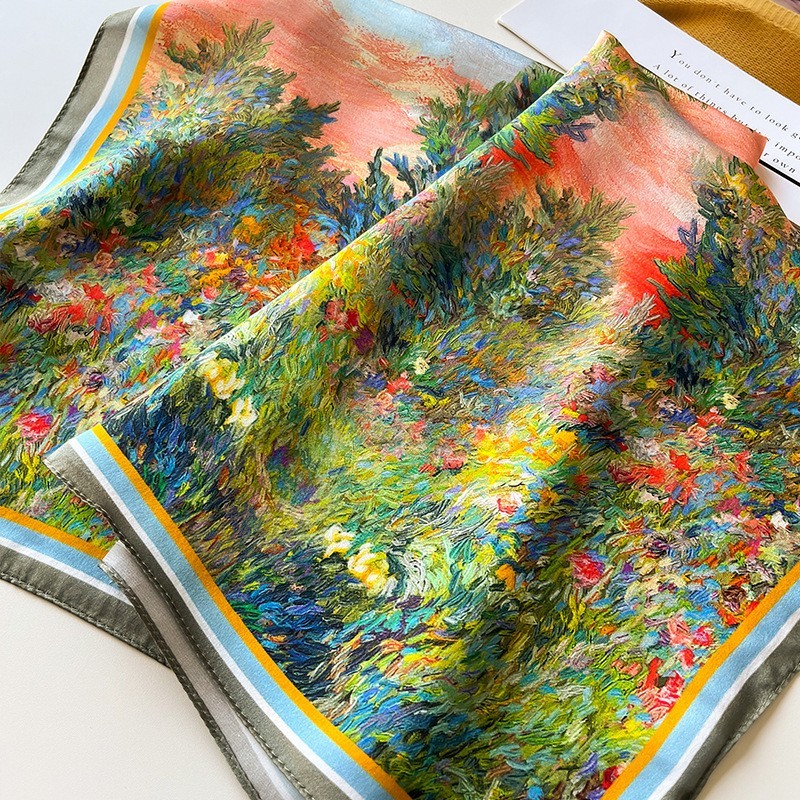 100% Mulberry Silk 27" Square Scarf Women Neckerchief Wrap Bandana Oil Painting
