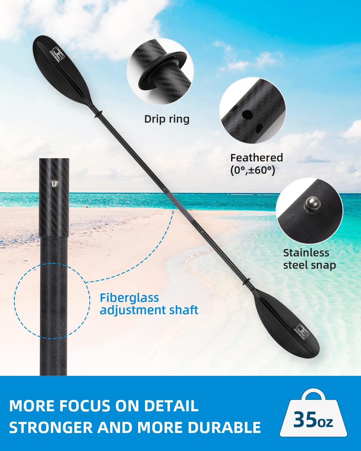 Adjustable Carbon Fiber Kayak Paddle 86in-94in with Leash Black