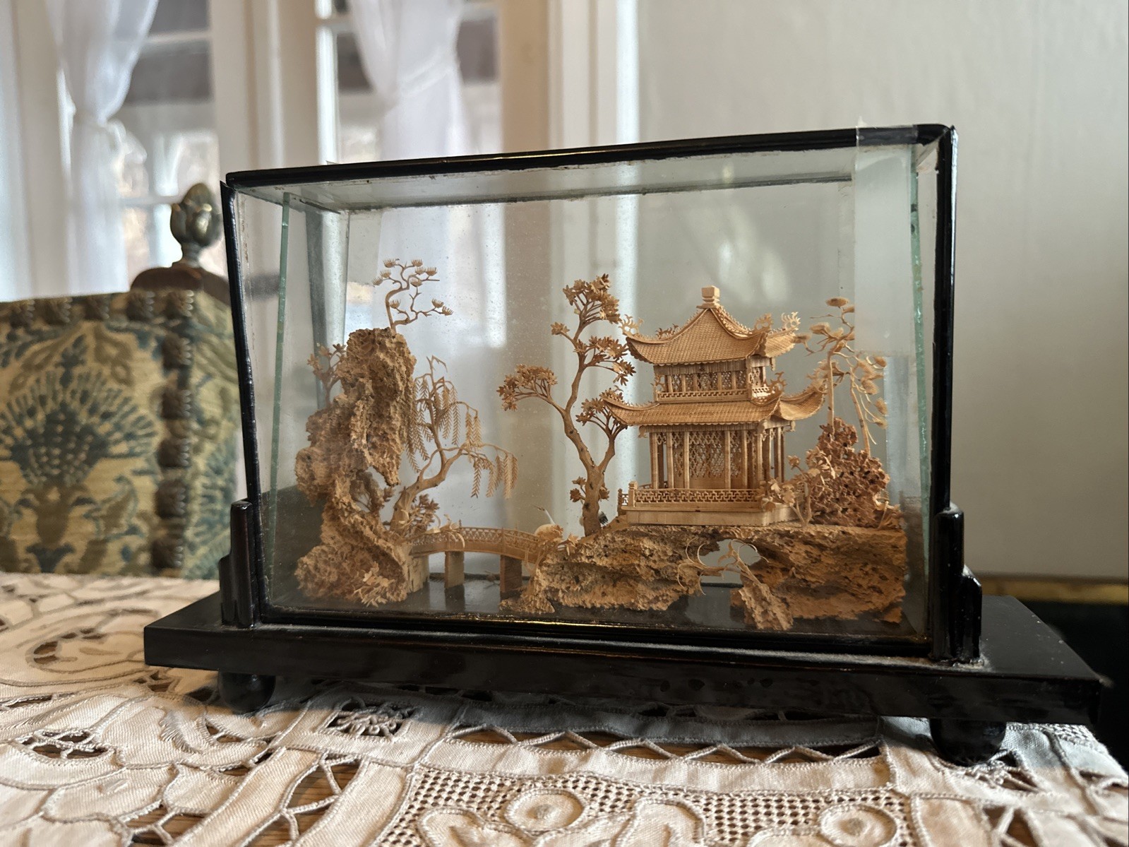VTG Fujian Chinese Art Sculpture Diorama Cork Wood Carving Trees Crane Pagoda