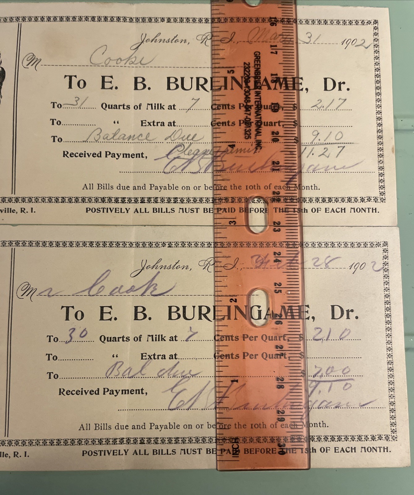 (2) 1902 Johnston Rhode Island Milk Receipts Litho Kids/cow E. B. Burlingame