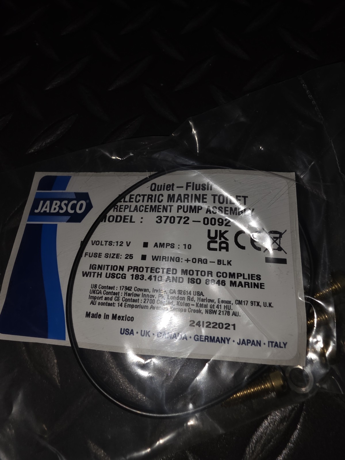 GENUINE Jabsco marine 37072-0092 Waste Pump Assembly Quiet Flush 12V, NEW