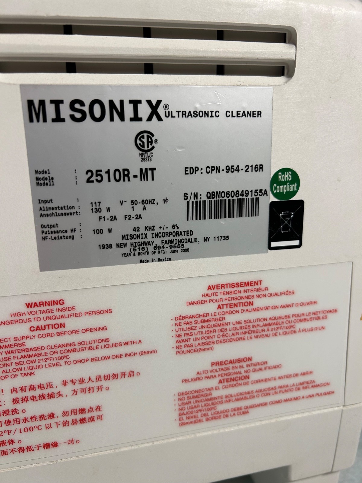 Branson Misonix 2510R-MT Ultrasonic Cleaner