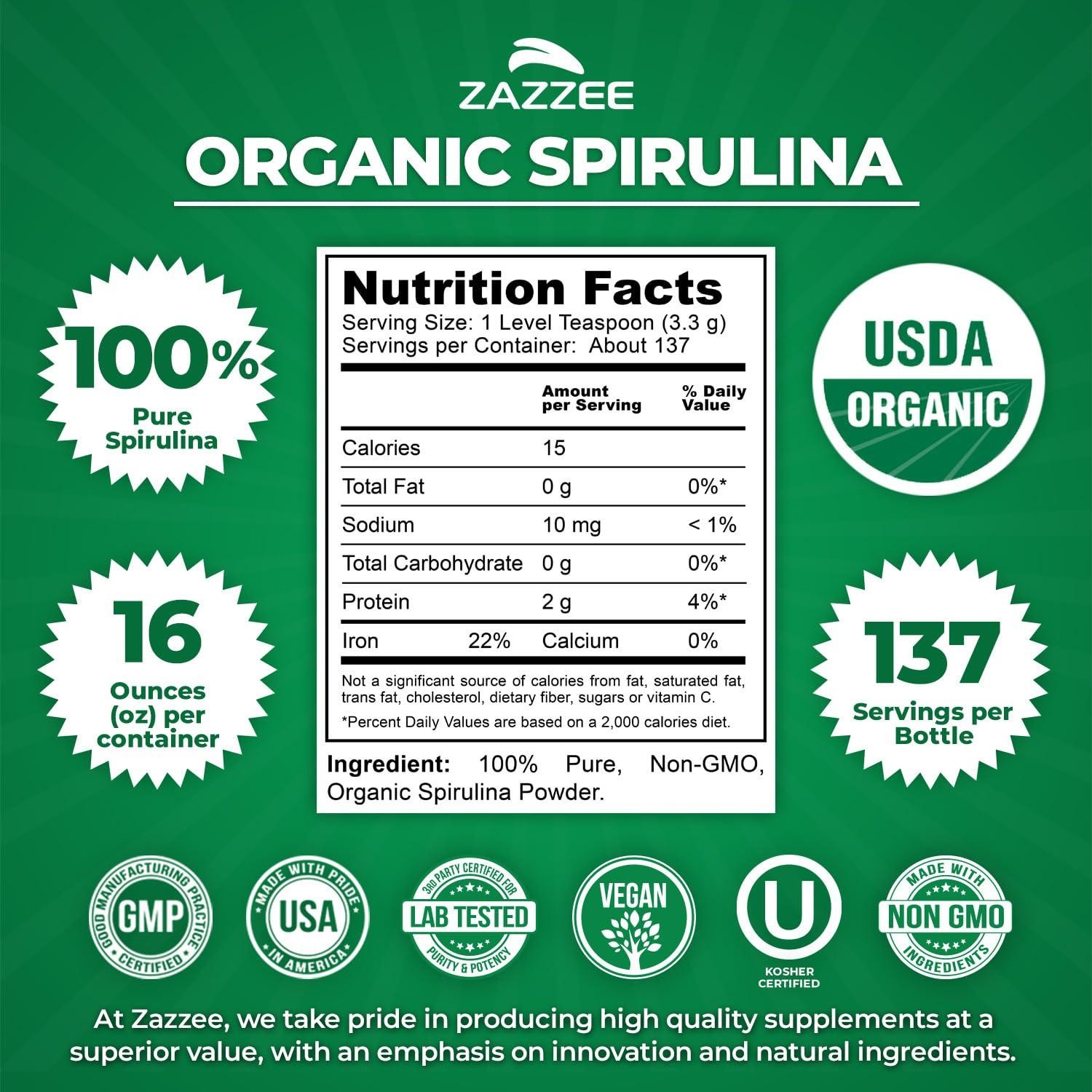 Zazzee USDA Organic Spirulina Powder, 16 Ounces (1 LB), 137 Servings, Kosher