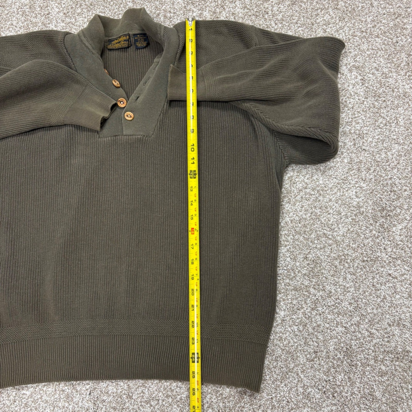 Vintage Eddie Bauer Henley Sweater Mens XL Olive Green Ribbed Cotton Mock Neck