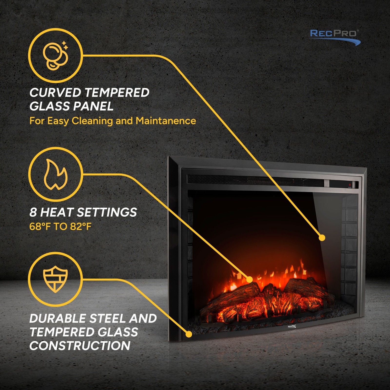 RecPro RV 30" Electric Fireplace | 26" Cutout | 120V | 3 Color Modes