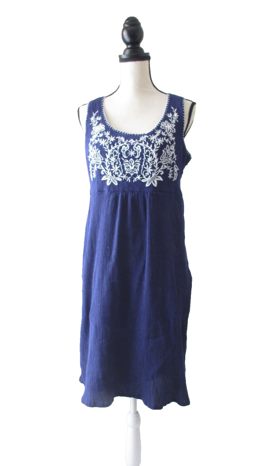 Navy Blue Applique Embroidered Sun Dress Women's 14 Sleeveless Gauze Cotton Boho