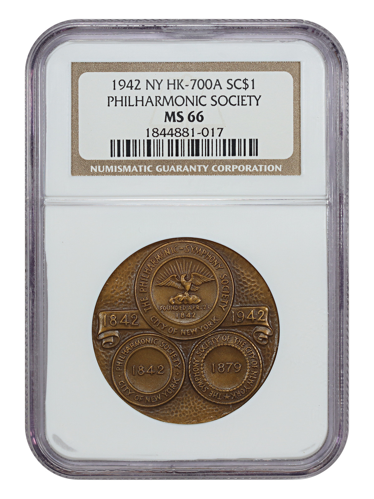 So Called Dollar: 1942 SC$1 NGC MS66BN (HK-700a, Bronze) - So-Called Dollars