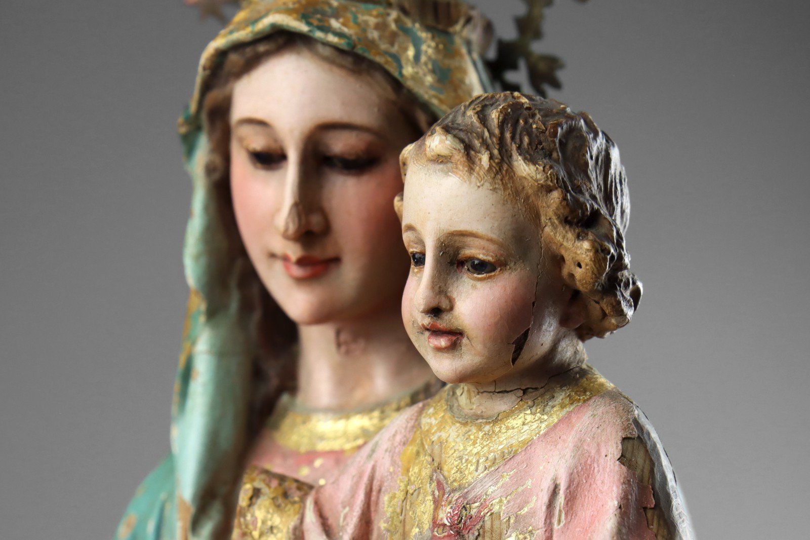 Antique 19th Century Carved Wood Polychrome Virgin Mary Madonna & Child Statue