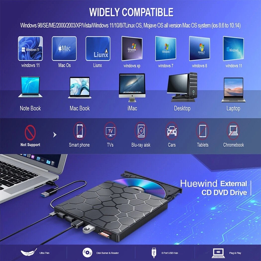 Slim External CD DVD RW Drive USB 3.0 Writer Burner Player Black For Laptop PC