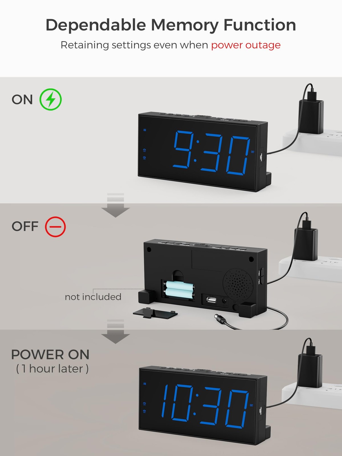 Digital Dual Alarm Clock Large Display Bedside Clock USB Phone Charger Loud LED