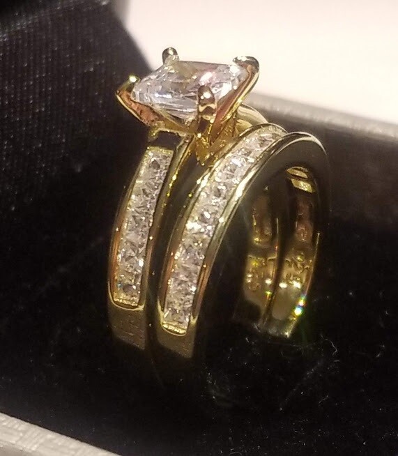 CLEARANCE Princess simulated Diamond Engagement Set Gold Plated Sterling Silver