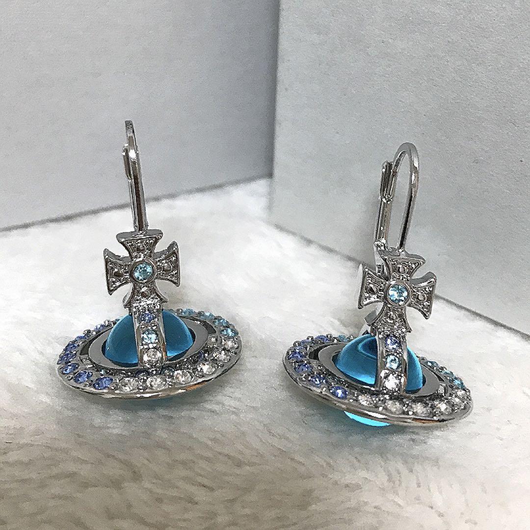 Vivienne Westwood Earrings Tri-Color Stone Tiny Orb Light Blue NO BOX [EJ788