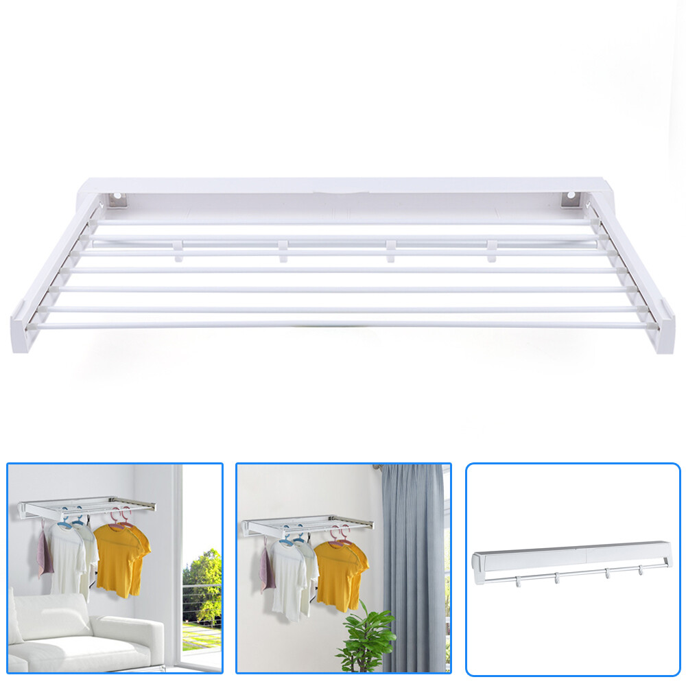 Wall-mounted Laundry Clothes Storage Drying Rack Retractable Dryer Hanger White