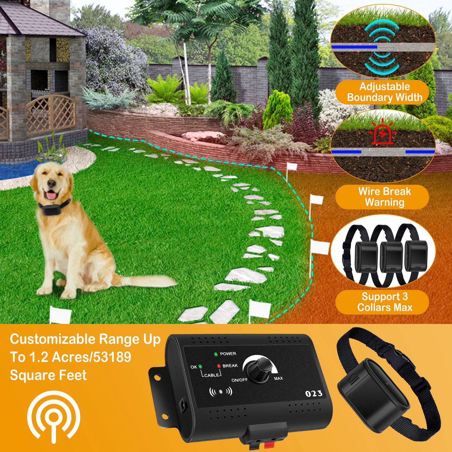 Wireless Electric Dog Fence Pet Containment System Shock Collar For 1/2/3 Dogs