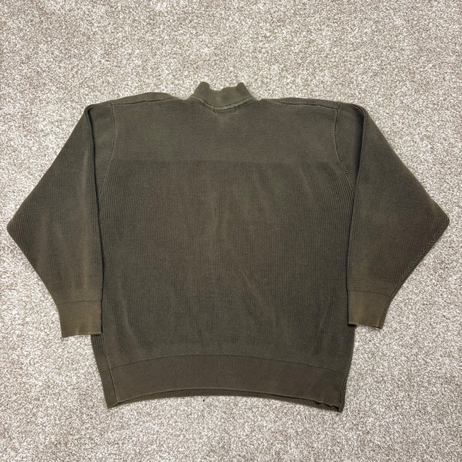 Vintage Eddie Bauer Henley Sweater Mens XL Olive Green Ribbed Cotton Mock Neck