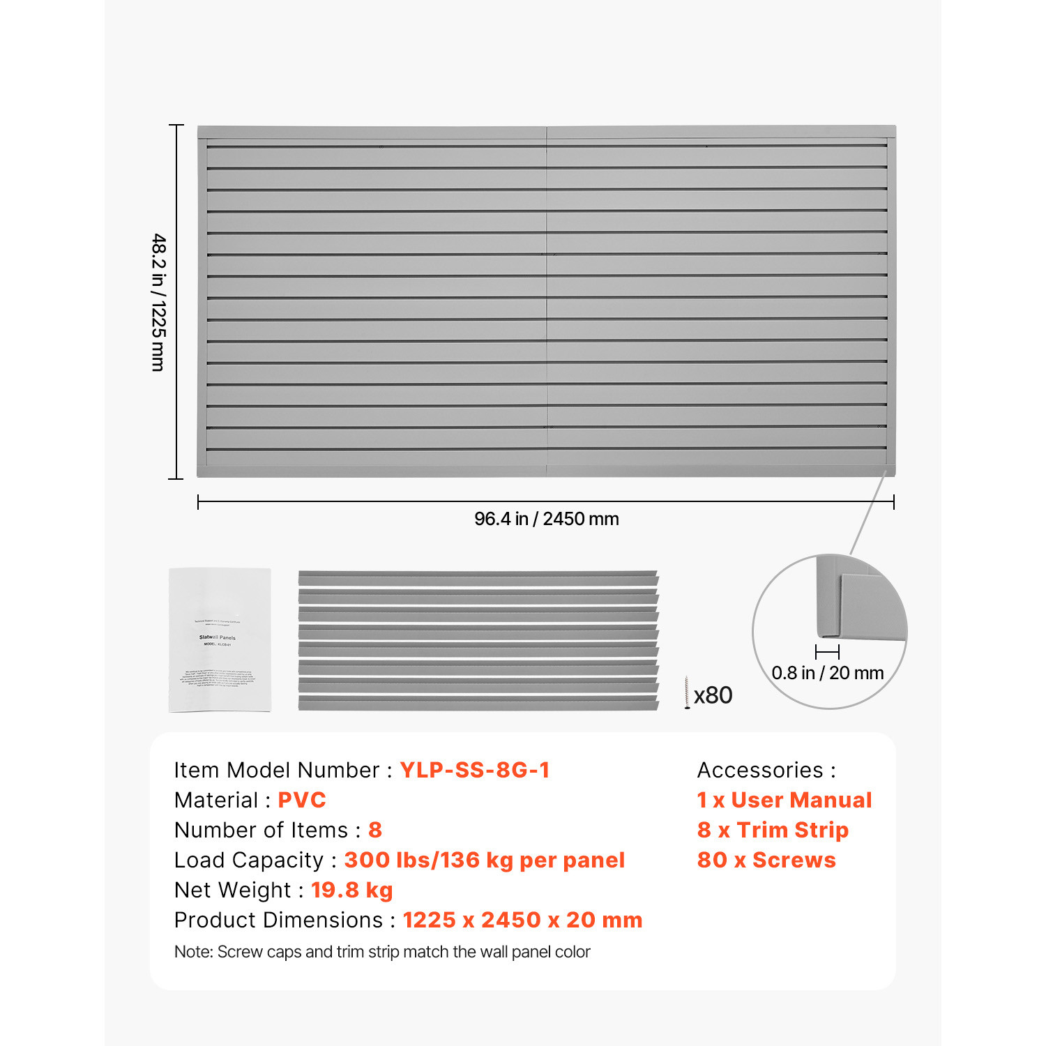 8 x 4 ft Slat Wall Paneling PVC Grey Garage Slatwall with Modular Design