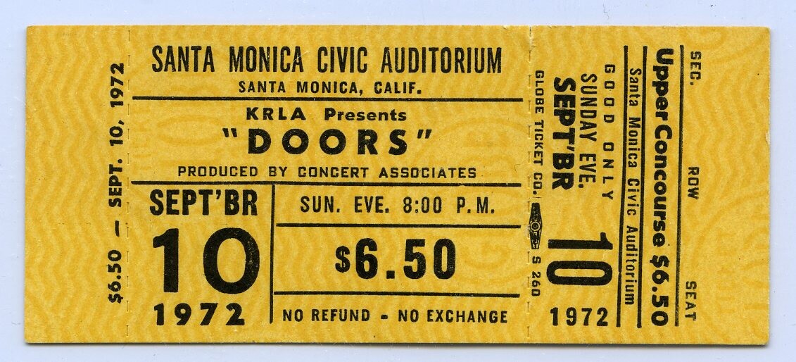 1972 THE DOORS Santa Monica Civic Auditorium Unused Concert Ticket LAST SHOW DAY