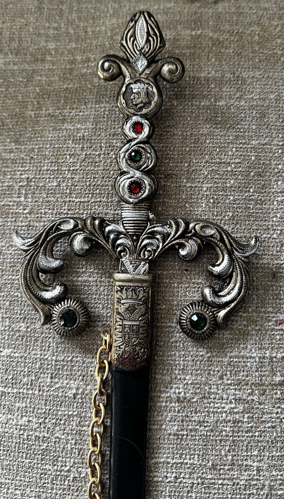 Metal Knight Medieval Renaissance King Sword Faux Jeweled w/scabbard Vntg 31”