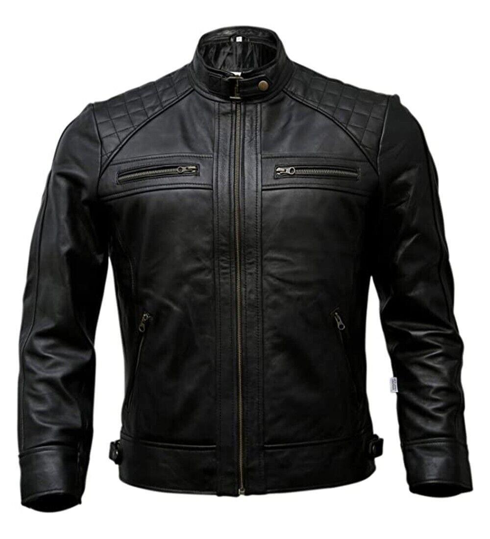 Men's Café Racer Biker Leather Jacket Black Brown Motorcycle Genuine Leather