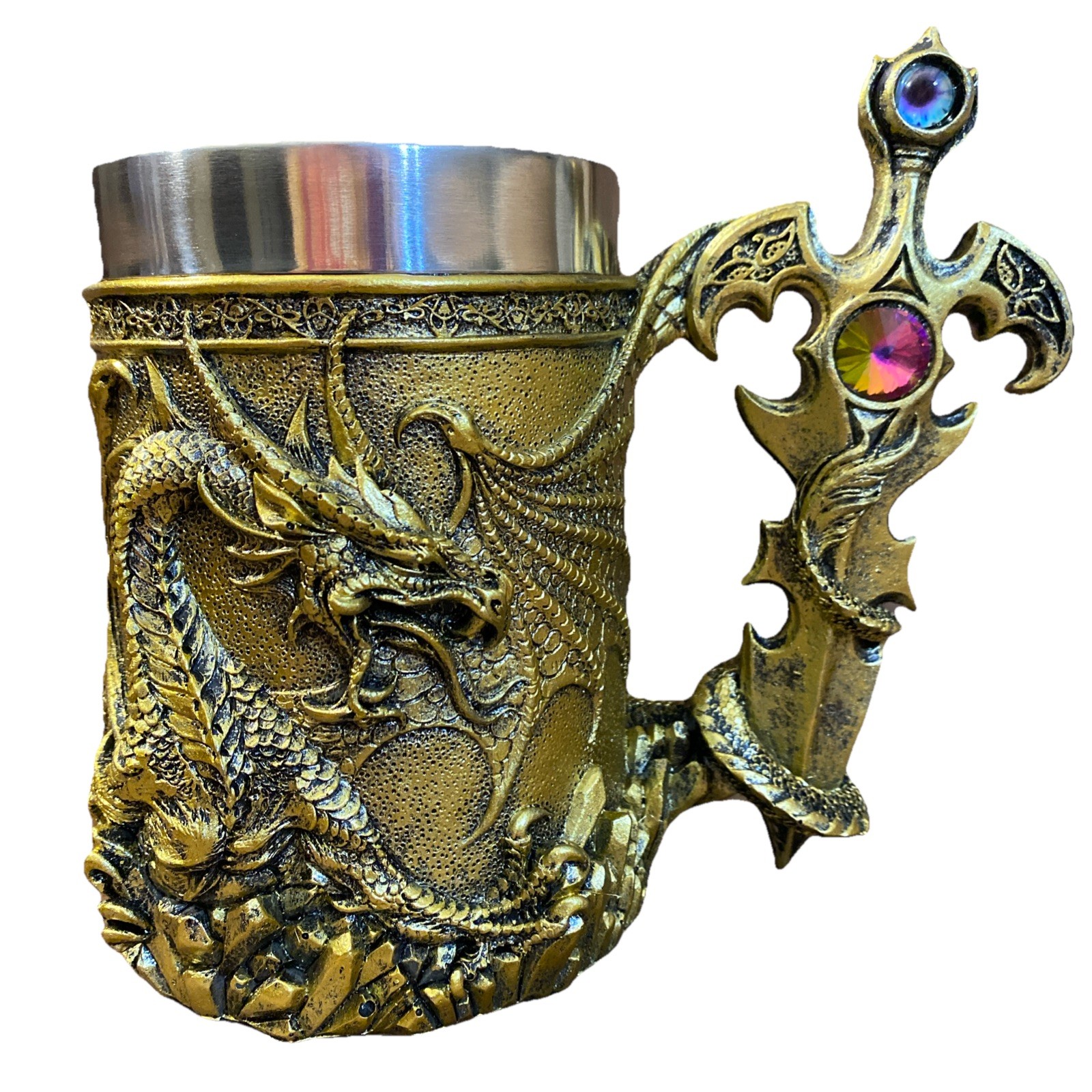 New Dungeon Dragon Jeweled Gemstone Sword Gold Drinking Mug Fantasy Mythical