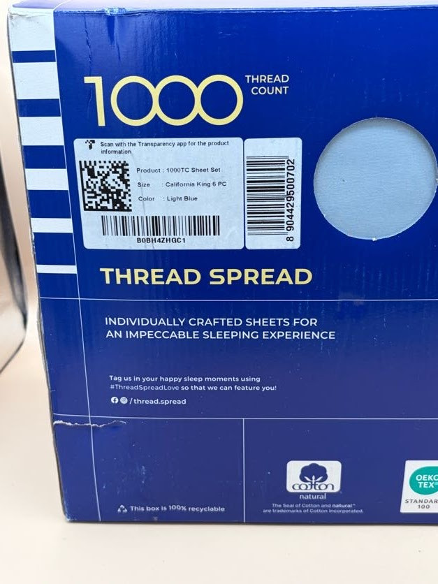 Thread Spread 6 Piece Sheet Set California King 1000 Thread Count - Light Blue