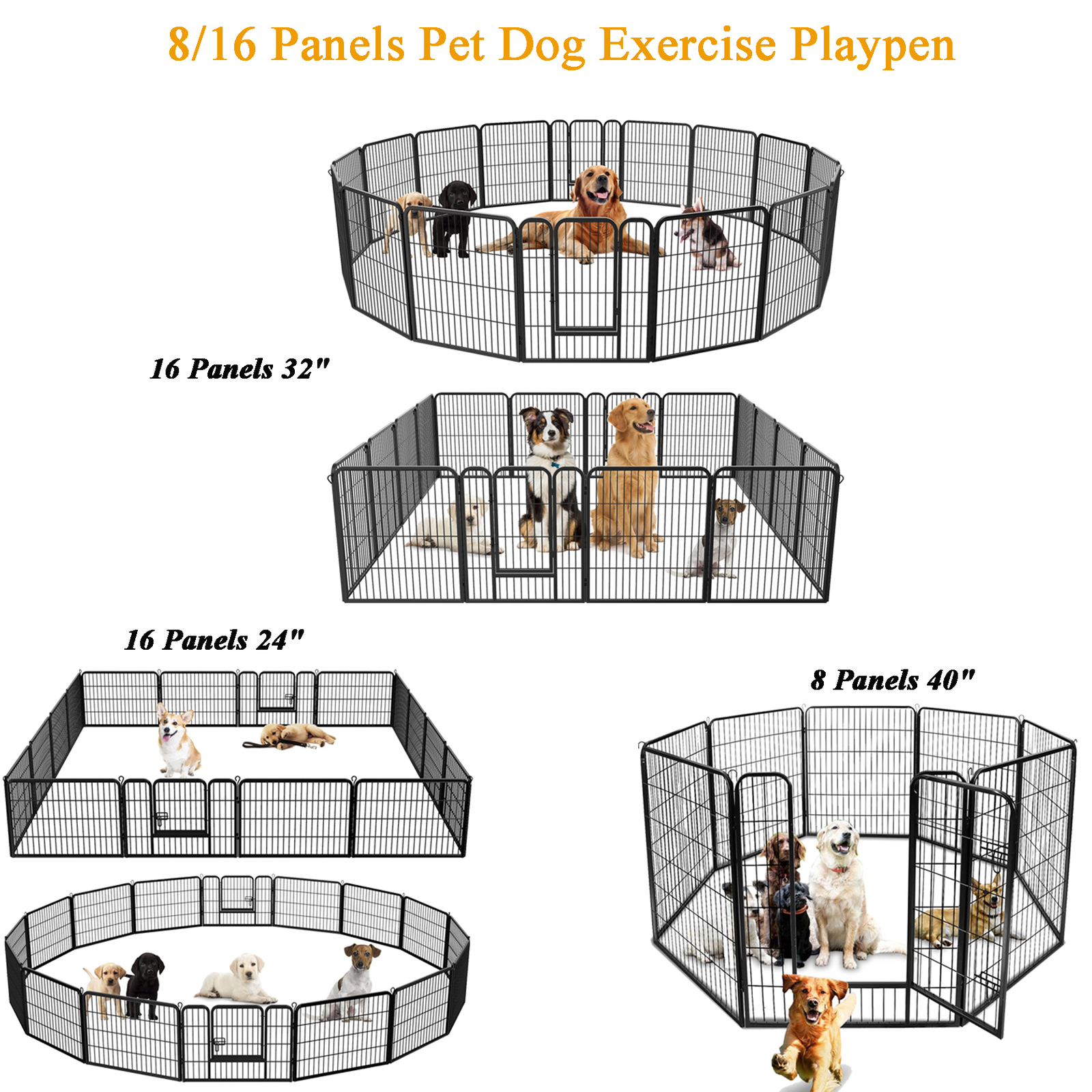 24"32"40"H Heavy Duty Dog Playpen 8/16 Panels Exercise Pen Pet Fence Cage w/Door