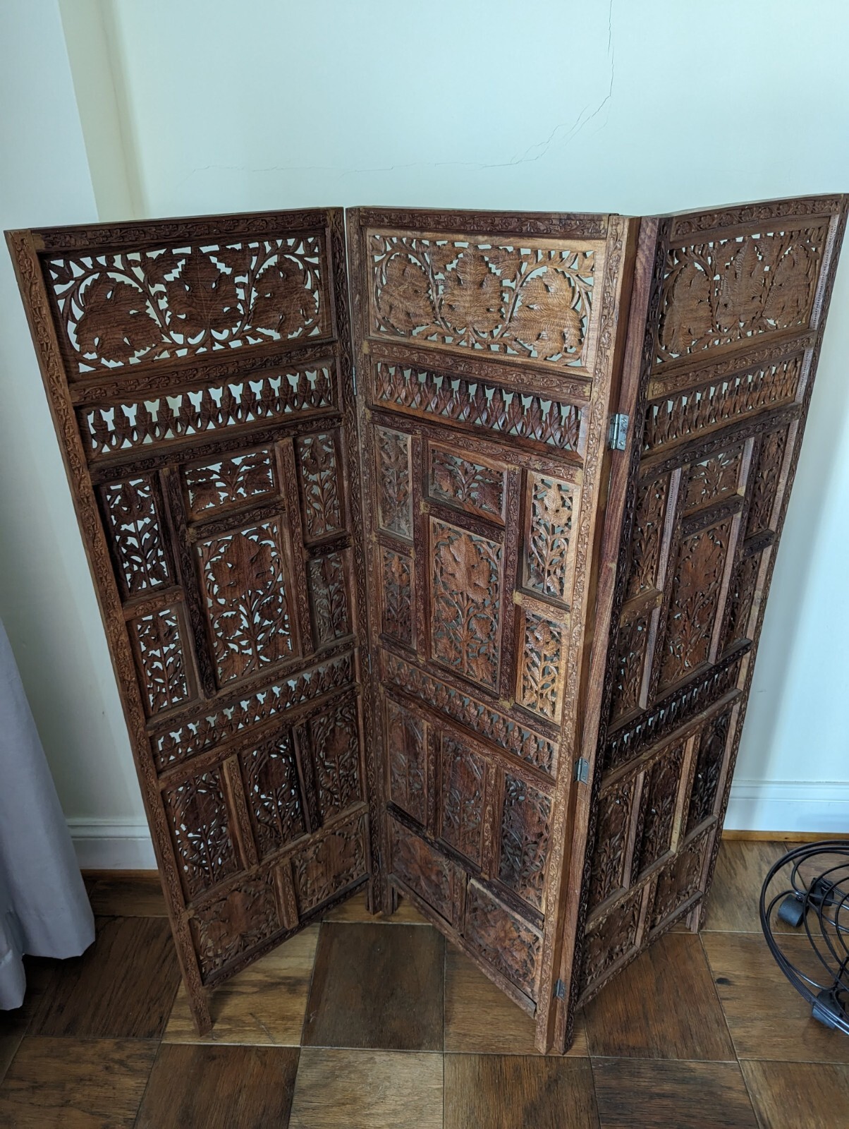 Vintage 3 Panel Hand Carved Screen, 4 ft. Tall Room Divider