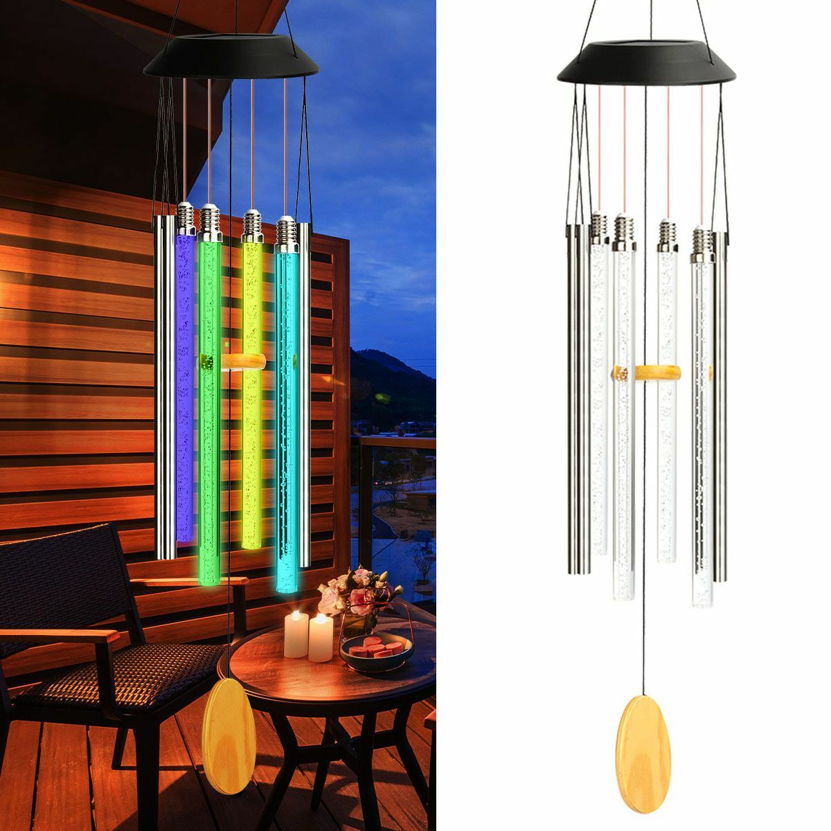 Solar Wind Chimes Color Changing LED Lights Large Deep Tone Resonant Bell Tubes