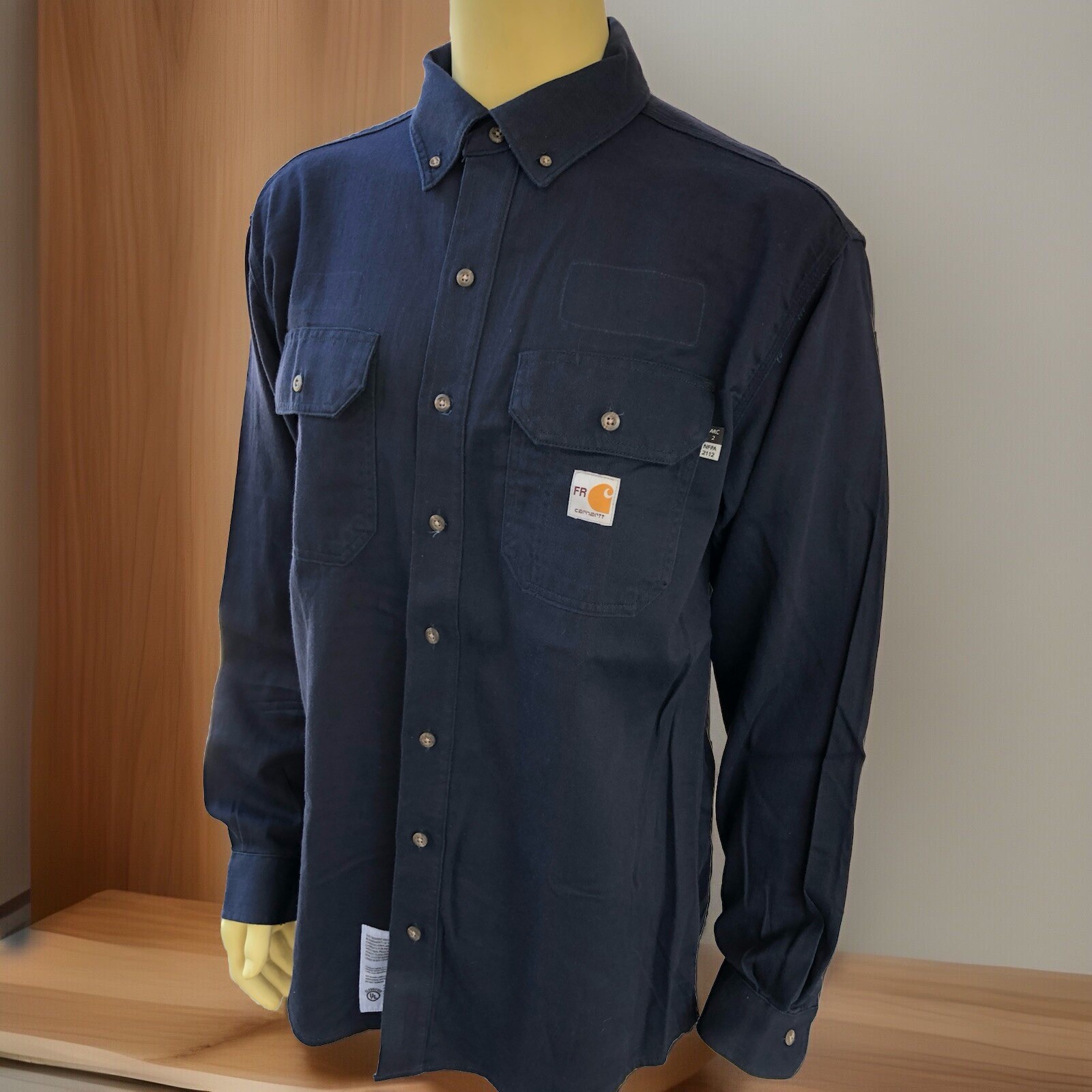 2 Carhartt FR Button Down Cotton Work Shirts Large RG Navy