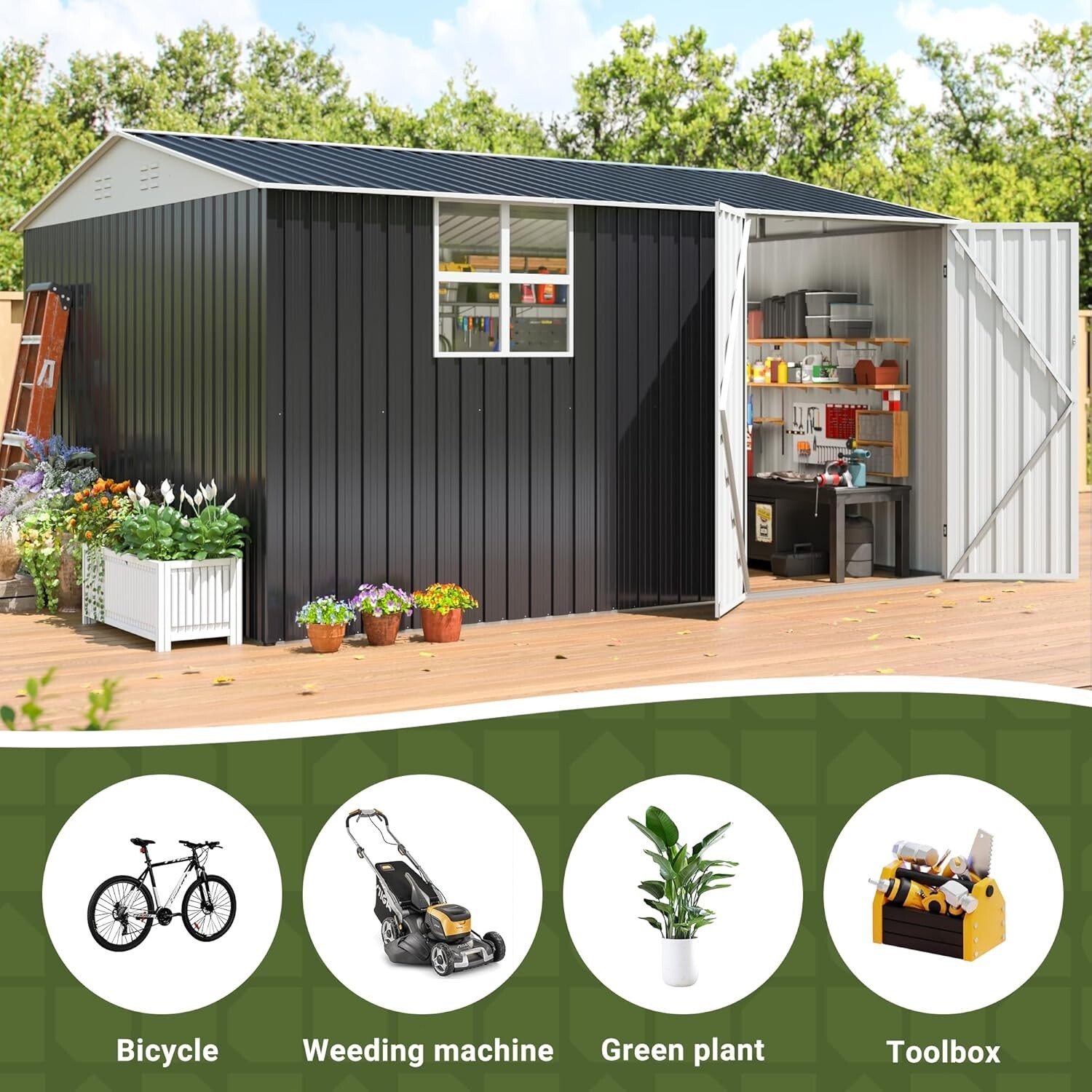 10x12 ft Outdoor Storage Shed, Metal Garden Shed with Lockable Doors, Tool Chest