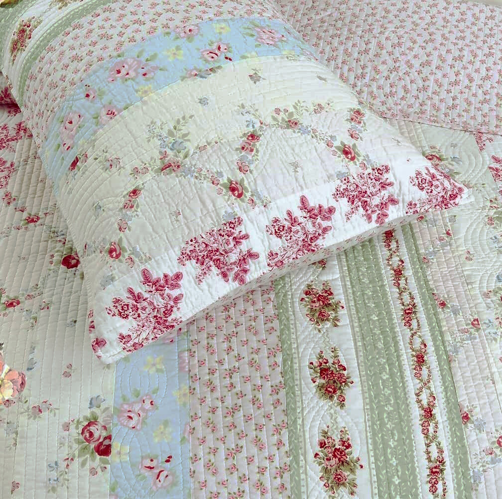 COZY COTTAGE WILD ROSE 3pc Queen QUILT SET : COTTON VINTAGE PINK GREEN BLUE